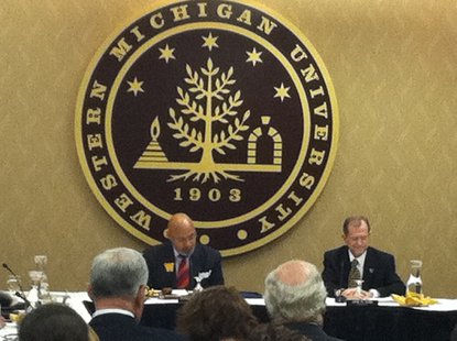 WMU President John Dunn at a WMU Board of Trustees meeting that announced MPI will be donating a building in Downtown Kalamazoo for the WMU Medical School. WMU President John Dunn at a WMU Board of Trustees meeting that announced MPI will be donating a building in Downtown Kalamazoo for the WMU Medical School.