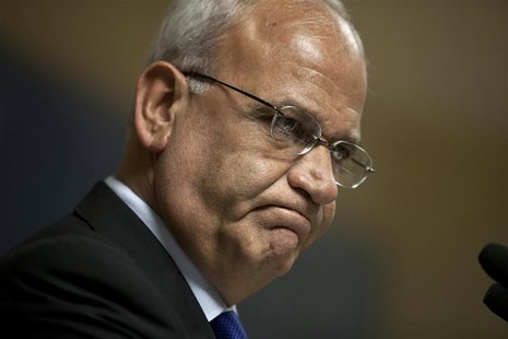 Erekat, the Palestinian Authority's chief negotiator, speaks at a Institute for National Security Studies forum in Tel Aviv Erekat, the Palestinian Authority's chief negotiator, speaks at a Institute for National Security Studies forum in Tel Aviv