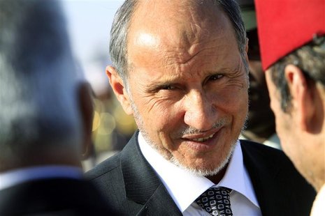Libya's National Transitional Council (NTC) leader Mustafa Abdel Jalil speaks with diplomats upon his arrival at Khartoum Airport Libya's National Transitional Council (NTC) leader Mustafa Abdel Jalil speaks with diplomats upon his arrival at Khartoum Airport