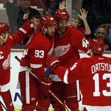 Detroit Red Wings' Bertuzzi celebrates with his teammates after he scored against the Winnipeg Jets during the first period of their NHL hoc