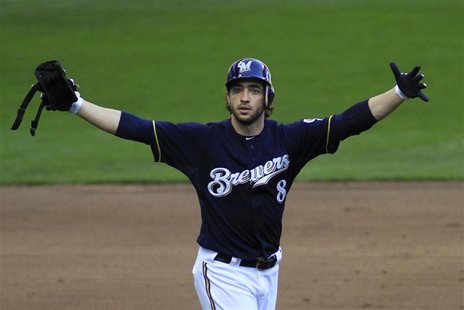 Milwaukee Brewers' Ryan Braun celebrates his 2 RBIs against the St. Louis Cardinals in the 5th inning of Game 1 in the MLB National League C Milwaukee Brewers' Ryan Braun celebrates his 2 RBIs against the St. Louis Cardinals in the 5th inning of Game 1 in the MLB National League C