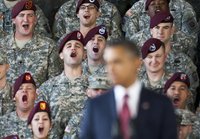 Troops yell in support at U.S. President Barack Obama as he speaks at Fort Bragg in Fayetteville