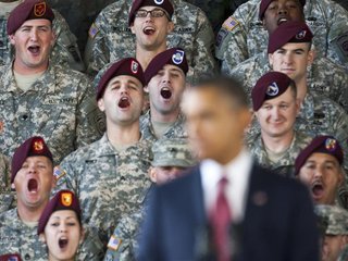 Troops yell in support at U.S. President Barack Obama as he speaks at Fort Bragg in Fayetteville