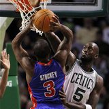Detroit Pistons guard Rodney Stuckey has his shot partially blocked by Boston Celtics forward Kevin Garnett in the first quarter of their NB Detroit Pistons guard Rodney Stuckey has his shot partially blocked by Boston Celtics forward Kevin Garnett in the first quarter of their NB