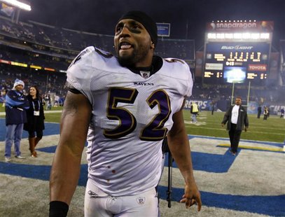 Baltimore Ravens inside linebacker Ray Lewis walks off the field after loosing to the San Diego Chargers Baltimore Ravens inside linebacker Ray Lewis walks off the field after loosing to the San Diego Chargers