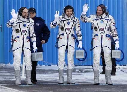 International Space Station crew wave before the launch of the Soyuz TMA-03M spacecraft at Baikonur cosmodrome International Space Station crew wave before the launch of the Soyuz TMA-03M spacecraft at Baikonur cosmodrome