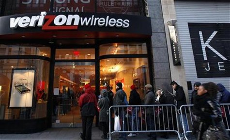 Customers wait outside Verizon Wireless store in New York to buy the iPhone on first day of Verizon service availability Customers wait outside Verizon Wireless store in New York to buy the iPhone on first day of Verizon service availability