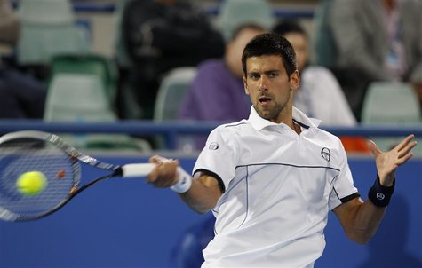 Djokovic of Serbia hits a return to Monfils of France during their Mubadala World Tennis Championship match at Zayed Sports City in Abu Dhab Djokovic of Serbia hits a return to Monfils of France during their Mubadala World Tennis Championship match at Zayed Sports City in Abu Dhab