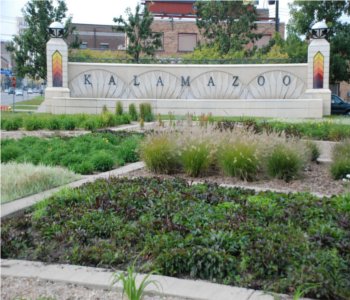 Welcome to Kalamazoo sign entering downtown Kalamazoo. Welcome to Kalamazoo sign entering downtown Kalamazoo.