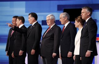 Republican presidential candidates pose before the Republican Party presidential candidates debate in Sioux City