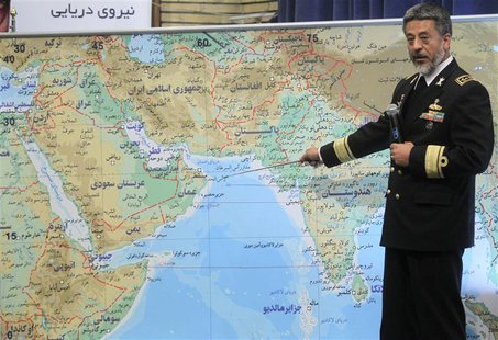 Iran's Navy Commander Sayari points at a map during a news conference in Tehran Iran's Navy Commander Sayari points at a map during a news conference in Tehran