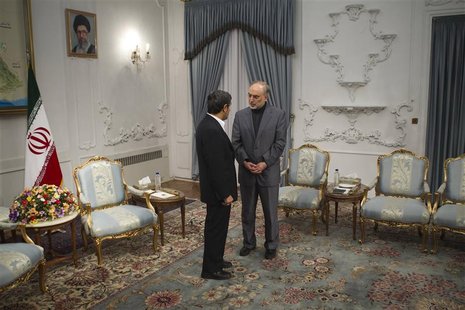 Iran's FM Salehi speaks with Iranian President Ahmadinejad before official meeting with Turkey's FM Davutoglu in Tehran Iran's FM Salehi speaks with Iranian President Ahmadinejad before official meeting with Turkey's FM Davutoglu in Tehran