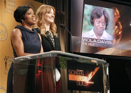 Actresses Regina King and Judy Greer announce Viola Davis as outstanding performance by a female actor in a leading role nominee for her wor Actresses Regina King and Judy Greer announce Viola Davis as outstanding performance by a female actor in a leading role nominee for her wor