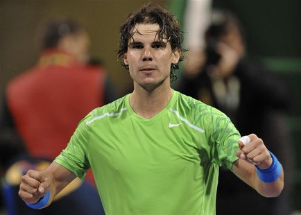 Nadal of Spain reacts after winning against Youzhny of Russia during their ATP Qatar Open tennis tournament in Doha Nadal of Spain reacts after winning against Youzhny of Russia during their ATP Qatar Open tennis tournament in Doha
