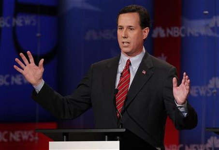 Republican presidential candidate Santorum speaks during a Republican presidential candidates debate in Concord Republican presidential candidate Santorum speaks during a Republican presidential candidates debate in Concord