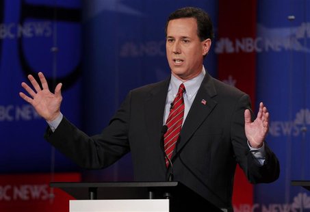 Republican presidential candidate Santorum speaks during a Republican presidential candidates debate in Concord Republican presidential candidate Santorum speaks during a Republican presidential candidates debate in Concord