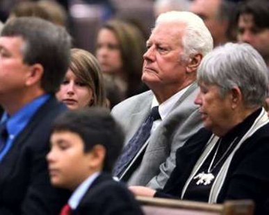 Grandfather Dallas Green (2nd R), the manager of the 1980 World Champion Philadelphia Phillies, sits behind his daughter-in-law Roxanna (L), son John and grandson Dallas during the the funeral service for their daughter, nine-year-old mass shooting victim Christina-Taylor Green, at St. Elizabeth Ann Seton Catholic Church in Tucson, Arizona, January 13, 2011. The child was killed in the shooting that left six dead and wounded U.S. Representative Gabrielle Giffords (D-AZ). Grandfather Dallas Green (2nd R), the manager of the 1980 World Champion Philadelphia Phillies, sits behind his daughter-in-law Roxanna (L), son John and grandson Dallas during the the funeral service for their daughter, nine-year-old mass shooting victim Christina-Taylor Green, at St. Elizabeth Ann Seton Catholic Church in Tucson, Arizona, January 13, 2011. The child was killed in the shooting that left six dead and wounded U.S. Representative Gabrielle Giffords (D-AZ).