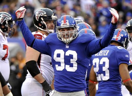 New York Giants middle linebacker Chase Blackburn celebrates stopping the Atlanta Falcons in the second half during their NFL NFC wildcard p New York Giants middle linebacker Chase Blackburn celebrates stopping the Atlanta Falcons in the second half during their NFL NFC wildcard p