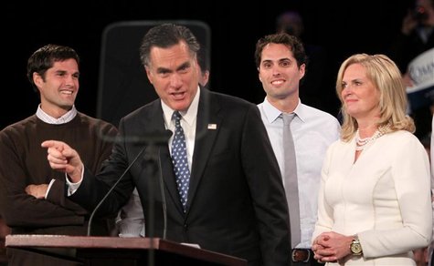 Republican presidential candidate and former Massachusetts Governor Mitt Romney addresses supporters as his wife Ann and their sons look on Republican presidential candidate and former Massachusetts Governor Mitt Romney addresses supporters as his wife Ann and their sons look on