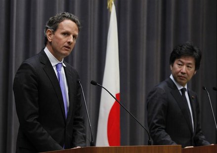 U.S. Treasury Secretary Geithner speaks next to Japan's Finance Minister Azumi during their joint news conference at the Finance Ministry in U.S. Treasury Secretary Geithner speaks next to Japan's Finance Minister Azumi during their joint news conference at the Finance Ministry in