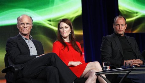 Harris, Moore and Harrelson attend the panel for the HBO television film "Game Change" at the Television Critics Association winter press to Harris, Moore and Harrelson attend the panel for the HBO television film "Game Change" at the Television Critics Association winter press to
