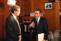 Sheboygan Mayor Bob Ryan and NBC's John Yang during an interview at City Hall Thursday morning.