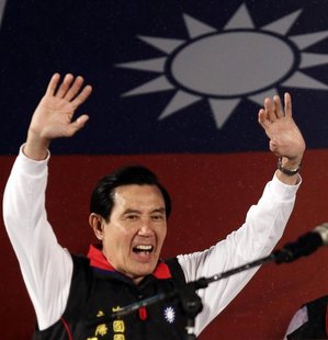 Taiwan President and Nationalist Party (KMT) presidential candidate Ma Ying-jeou celebrates after provisional election results of the Taiwan Taiwan President and Nationalist Party (KMT) presidential candidate Ma Ying-jeou celebrates after provisional election results of the Taiwan