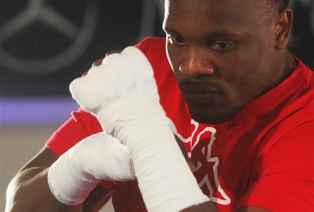 Heavyweight boxer Chisora of Britain warms-up for a public training session in Heidelberg Heavyweight boxer Chisora of Britain warms-up for a public training session in Heidelberg