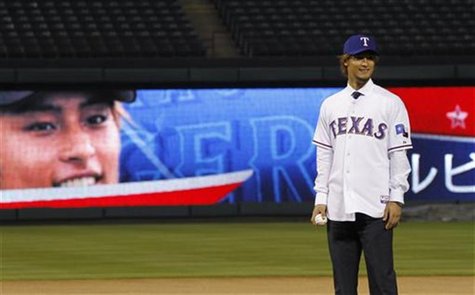 The Rangers introduce pitcher Darvish at a media conference at Rangers Ball Park in Arlington, Texas The Rangers introduce pitcher Darvish at a media conference at Rangers Ball Park in Arlington, Texas