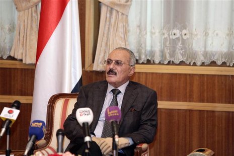 Yemen's outgoing President Saleh speaks to selected group of state media reporters in Sanaa Yemen's outgoing President Saleh speaks to selected group of state media reporters in Sanaa