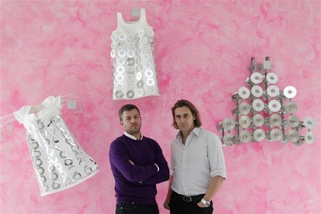 French fashion house Courreges co-Presidents Bungert and Torloting pose at their offices in Paris French fashion house Courreges co-Presidents Bungert and Torloting pose at their offices in Paris