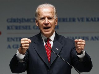 U.S. Vice President Joe Biden reacts during his address at the Global Entrepreneurship Summit in Istanbul