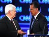 Republican presidential candidate former Speaker of the House Newt Gingrich talks with Massachusetts Governor Mitt Romney during a break in 