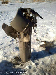 A mailbox destroyed by a bomb is seen in the Winnebago County Town of Black Wolf, Jan. 27, 2012. (courtesy of FOX 11).