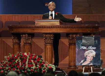 Reverend Al Sharpton delivers the eulogy at the funeral for singer Etta James, who died last week at age 73, at City of Refuge in Gardena, C Reverend Al Sharpton delivers the eulogy at the funeral for singer Etta James, who died last week at age 73, at City of Refuge in Gardena, C