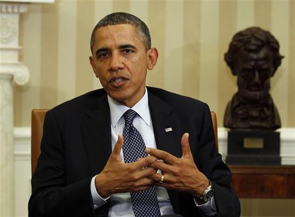 U.S. President Barack Obama speaks to the press at the Oval Office of the White House in Washington