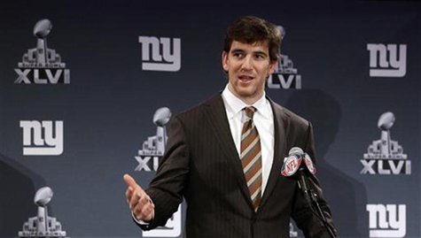 New York Giants quarterback Eli Manning addresses the media during a news conference for the Super Bowl XLVI in Indianapolis New York Giants quarterback Eli Manning addresses the media during a news conference for the Super Bowl XLVI in Indianapolis