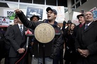 Director Fox speaks during a protest against hydraulic fracturing outside the Tribeca Performing Arts Center in New York