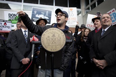 Director Fox speaks during a protest against hydraulic fracturing outside the Tribeca Performing Arts Center in New York