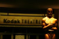 An Oscar statue stands in front of the entrance to the Kodak Theatre in preparation for the 80th annual Academy Awards in Hollywood