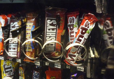 A row of candy bars manufactured by Hershey is seen in a vending machine in Washington A row of candy bars manufactured by Hershey is seen in a vending machine in Washington
