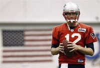New England Patriots' quarterback Tom Brady takes part in a practice for the NFL Super Bowl XLVI in Indianapolis