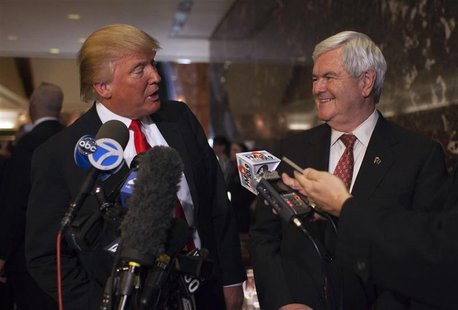 Trump speaks to members of the media after a meeting with Republican presidential candidate Gingrich in New York Trump speaks to members of the media after a meeting with Republican presidential candidate Gingrich in New York