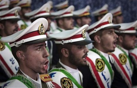 Iranian soldiers sing national anthems during the anniversary ceremony of Iran's Islamic Revolution at the Khomeini shrine in the Behesht Za Iranian soldiers sing national anthems during the anniversary ceremony of Iran's Islamic Revolution at the Khomeini shrine in the Behesht Za