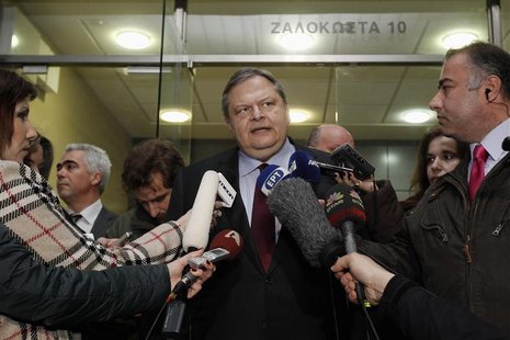 Greece's Finance minister Venizelos makes statements outside his office in Athens Greece's Finance minister Venizelos makes statements outside his office in Athens