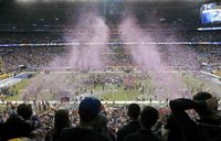 Confetti is blown onto the field after the New York Giants defeated the New England Patriots to win the NFL Super Bowl XLVI football game in