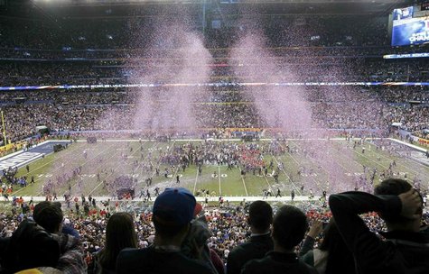 Confetti is blown onto the field after the New York Giants defeated the New England Patriots to win the NFL Super Bowl XLVI football game in Confetti is blown onto the field after the New York Giants defeated the New England Patriots to win the NFL Super Bowl XLVI football game in