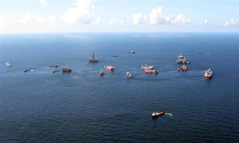 Aerial photograph shows continuing preparations to drill a relief well at the Macondo oil spill site in the Gulf of Mexico Aerial photograph shows continuing preparations to drill a relief well at the Macondo oil spill site in the Gulf of Mexico