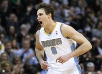 Denver Nuggets forward Danilo Gallinari celebrates a score past the Toronto Raptors in the fourth quarter of their NBA basketball game in De
