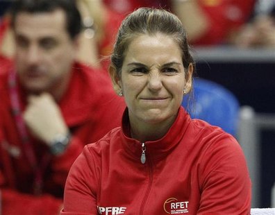 Spain's team captain Sanchez-Vicario reacts as she watches the play of team mate Soler-Espinosa against Russia's Kuznetsova during their Fed Spain's team captain Sanchez-Vicario reacts as she watches the play of team mate Soler-Espinosa against Russia's Kuznetsova during their Fed